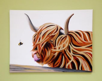 Highland Cow Moo acrylic painting Giclee print of 'Peggy Coo'. Made in Scotland by Scottish artist. Unique Christmas or birthday present!