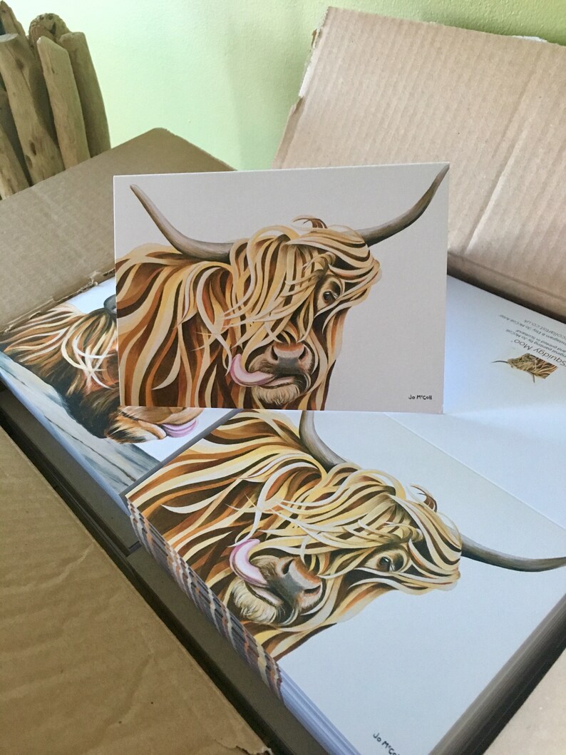 Tarjeta de felicitación de vaca highland 'Squidgy Moo' tarjeta de felicitación A6 en blanco. ¡Tarjeta de felicitación fresca, funky, escocesa! Recuerdo de Escocia del artista escocés imagen 4