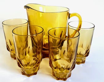 Vintage Hazel-Atlas Reflection Bernstein Fingerabdruck 5er-Set - Krug & 4 Becher