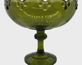 Vintage Indiana Glas Grüne Sockel Kompottschale - Girlanden-Tiara-Muster, Mid-Century Modern Pressglas