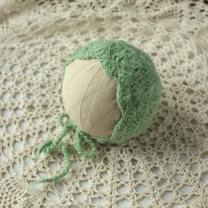 Newborn Knitted Leaf Green Bonnet, mohair photography prop, handmade baby bonnet