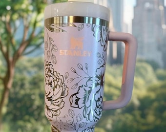 Peony Engraved Stanley Quencher H2.0 - 40 Oz Travel Tumbler