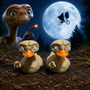 May include: Two beige rubber ducks with wrinkled skin, large blue eyes, and orange beaks, each featuring a small hand-like appendage pointing forward. The ducks are positioned in the foreground with a large, brown, alien-like figure in the back.