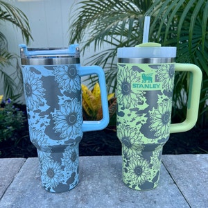 Sunflower CowPrint -40 OZ Stanley Quencher H2.0 Travel Tumbler with Handle-Full Wrap Laser Engraved