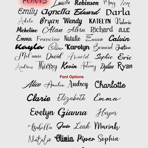 May include: A digital graphic showcasing 50 font options. The fonts are displayed in various styles, including cursive and bold, with a selection of names and words. The text is in black against a light background.