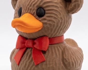 Teddy Bear Duck, 3D Printed Cruise Duck, Off Road Dash Duck, Brown Bear Figurine with Red Bow