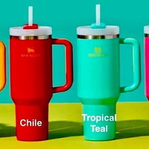 May include: Six stainless steel travel mugs with different colored lids and handles. The mugs are labeled with the colors: Vivid Violet, Goldenro, Chile, Tropical Teal, Passion Pink, and Bright Lime.