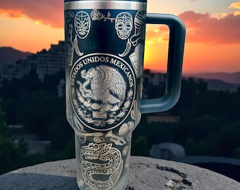 Mexican Heritage Stanley 40oz Quencher — Highly Detailed Full-Wrap Aztec Engraved Tumbler | Personalized Name | Mexican Roots Design