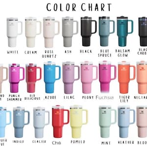 May include: A color chart showcasing a variety of Stanley Quencher tumblers in various colors. The tumblers are displayed in rows, with each color labeled underneath. Colors include white, cream, black, blue, pink, and more.