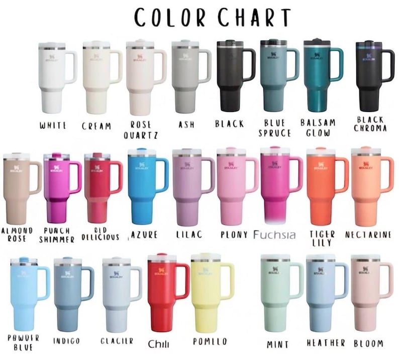 May include: A color chart showcasing a variety of Stanley Quencher tumblers in various colors. The tumblers are displayed in rows, with each color labeled underneath. Colors include white, cream, black, blue, pink, and more.