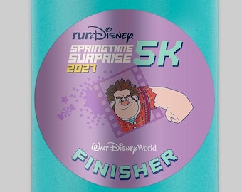 May include: A teal insulated water bottle with a black lid and handle. The bottle features a circular graphic with the text runDisney Springtime Surprise 2021 5K and Walt Disney World Finisher, along with an illustration of the character Wreck-It Ralph.