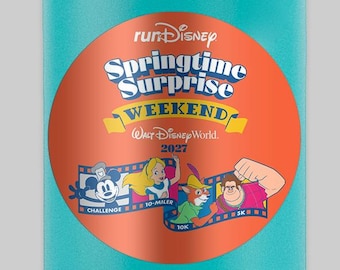 May include: A teal insulated water bottle with a black lid and handle. The front features a circular orange graphic with the text runDisney Springtime Surprise WEEKEND Walt Disney World 2027 and illustrations of Mickey Mouse, Alice, Peter Pan, and Genie.