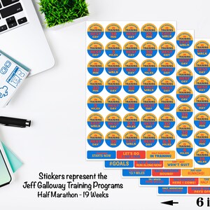 May include: A set of 19 colourful round stickers with text and numbers. The stickers are arranged in rows and columns on a white background. The stickers are 15.2 cm wide and 22.9 cm tall. The stickers represent the Jeff Galloway Training Programs for a half marathon.
