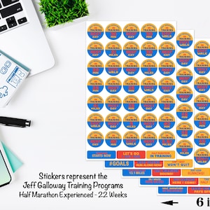 May include: A collection of stickers, 15 cm wide and 23 cm tall, designed for the Jeff Galloway Half Marathon training program. The stickers are round with blue and gold accents, and rectangular with red and blue accents. The stickers include text such as "Training", "Walk", and "Run".