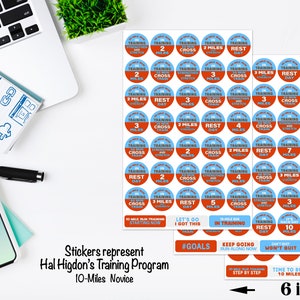 May include: A set of 60 colourful round stickers with text and numbers. The stickers are arranged in rows and columns on a white background. The stickers represent a 10-mile novice training programme. The text on the stickers includes "Training", "Cross Train", "Rest Day", "Miles", and "10-Mile Run Training Starting Now".