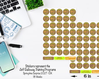 May include: Two sheets of circular brown stickers featuring the text Training, 30 Minutes, and various mileage markers. The sheets measure 9 inches by 6 inches. Additional rectangular stickers include text such as I WILL NOT QUIT and YOU GOT THIS.