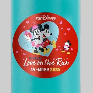 May include: A red circle with a white heart and pink hearts around it. Inside the heart are Mickey and Minnie Mouse holding hands. The text "runDisney Virtual Love on the Run 14-Miler 2025" is below the image.