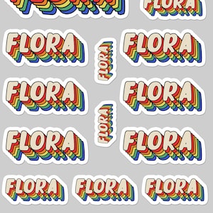 May include: A collection of stickers with the word "FLORA" in a retro, 3D style. The word is in a cream color with a white outline, and a rainbow gradient effect. The stickers are on a gray background.