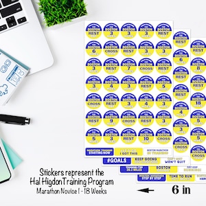 May include: A set of 48 round stickers with blue and yellow circles. The stickers are for a marathon training program called "Hal Higdon Training Program". The stickers are 15.2 cm wide and 22.9 cm tall. The stickers have text that says "Boston Marathon" and "Rest".