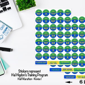 May include: A set of 36 colorful round stickers with text and numbers. The stickers are designed for a half marathon training program. The stickers are 6 inches wide and 9 inches tall. The stickers include text such as "Training Day", "Rest Day", "2 Miles Cross", "40 min Cross", "Let's Go I Got This", "Keep Going Run Along Now", "Time to Run 13.1 Miles", "Half Marathon Here I Come", and "#Goals".