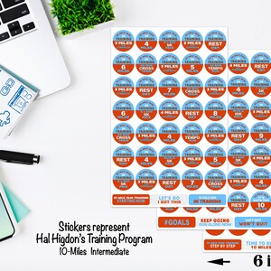 May include: A set of 48 round stickers for a 10-mile running training program. The stickers are blue and red with white text. The stickers include training days, rest days, cross training, tempo runs, and mileage. The stickers are 6 inches wide and 9 inches tall.