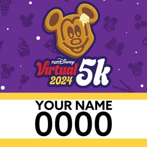 May include: A purple and yellow race bib with a waffle shaped like Mickey Mouse with butter on top. The text "runDisney Virtual 5k 2024" is in red and white. The bib includes space for a name and number.