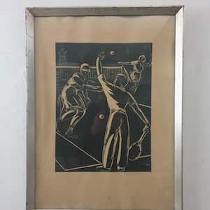 Linocut Tennis - Art Deco Painting - Vintage Sport