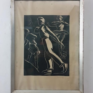 Linocut Skating - Art Deco Painting - Vintage Sport - Ice Skates