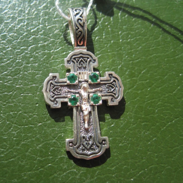 New Consecrated Orthodox Cross 925 sterling silver with Cubic Zirconia stones Jesus Christ on cross with "Save and Protect" folk art Russian