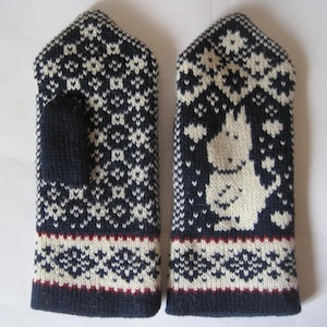 May include: A pair of navy blue and cream knit mittens featuring a repeating geometric pattern and a central graphic of a white cartoon character resembling a Moomin. The cuffs are detailed with a thin red stripe and a decorative diamond motif.