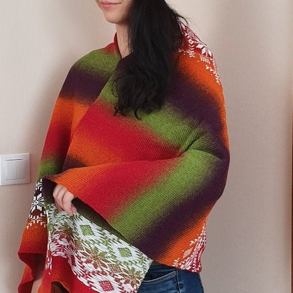 Unique Knit of Kauni Estonian Pure Merino Wool Women Gentle Warm Poncho With Enchanting Scandinavian ornament and pom-poms. Color Autumn