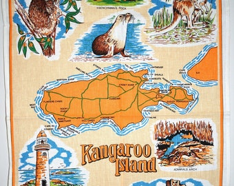 kangaroo vintage Dish Towel the bush handprinted 1970s AUSTRALIAN Souvenir Linen Roo Cotton Tea Towel kid and joey