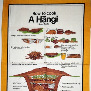 How to Cook Maori Feast Hangi Tea Towel - Vintage Retro New Zealand Woman's Weekly Rolalex Design by Clare Dargaville