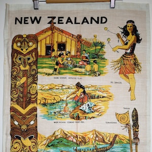 Maori Poi Dancers & Haka Party Tea Towel - Mid Century New Zealand - New!