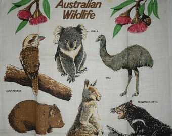 kangaroo vintage Dish Towel the bush handprinted 1970s AUSTRALIAN Souvenir Linen Roo Cotton Tea Towel kid and joey