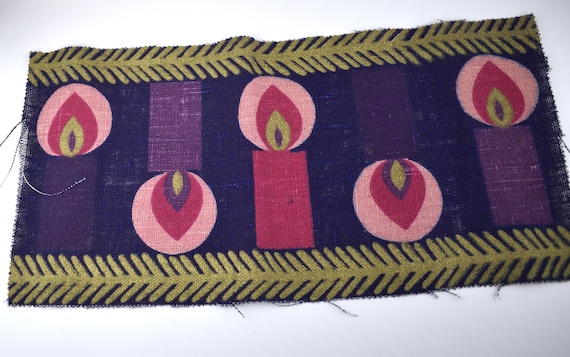 Vintage Christmas Candles Motif Scandi Jute Fabric Runner Remnant - Danish Sodahl Design