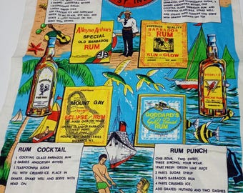 Vintage Barbados West Indies Caribbean Tea Towel - Advertising Rum Cocktails Dish Cloth by Lamont - New