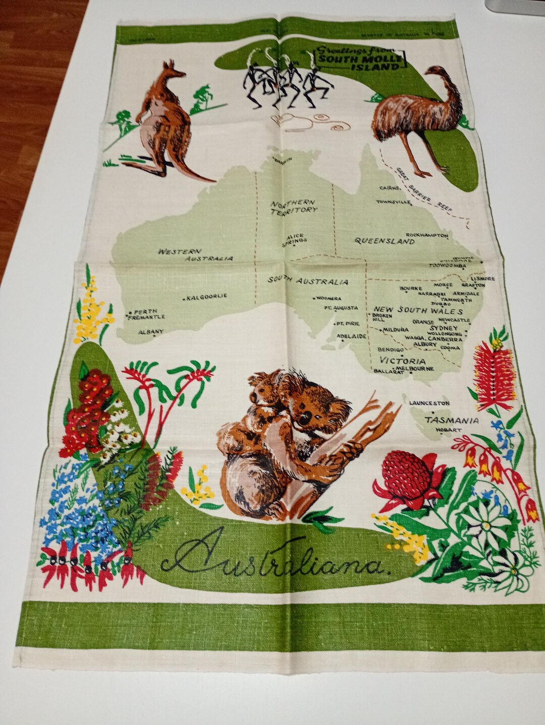 Mid Century Australiana Wildflowers Tea Towel - Vintage Map of ...