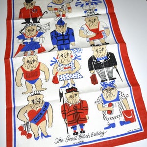 Vintage The Great British Bulldog Tea Towel by artist Robert Stringer - Ulster Irish Linen Funny Bulldogs Dish Cloth English Bulldog - New!