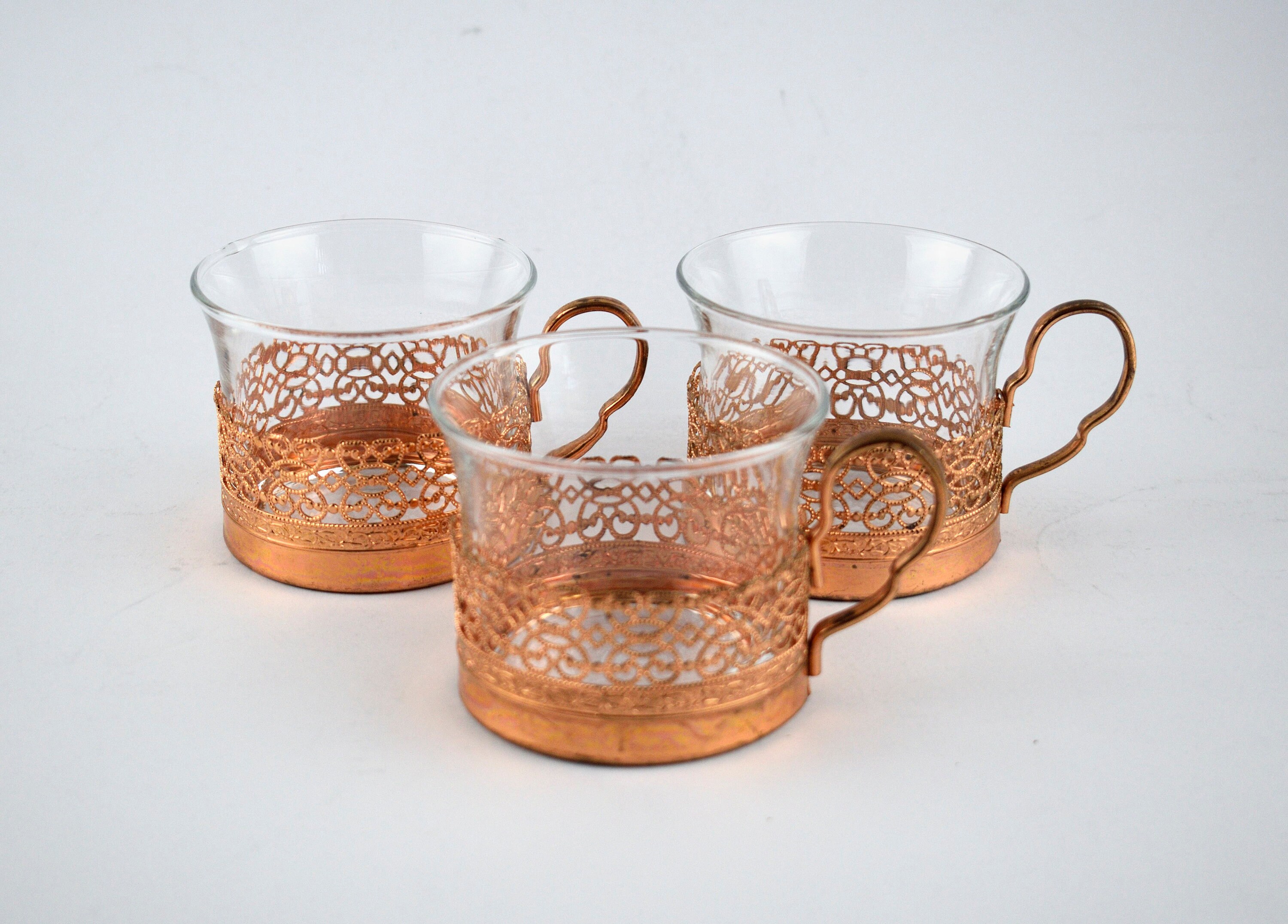 Vintage Copper & Glass Cups Set of Three Tea Cups Etsy
