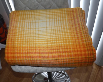 Vintage Wool Blanket Orange Brown Plaid - Australian Wool Single Size Rug - Made in Australia