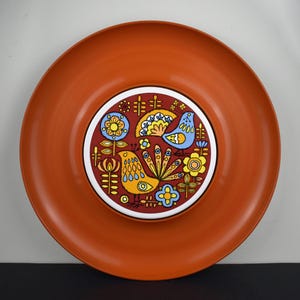 Vintage Groovy Birds and Flowers Round Charcuterie Serving Platter - Retro Psychedelic Ceramic Tile Nibbles Tray - Made in Japan