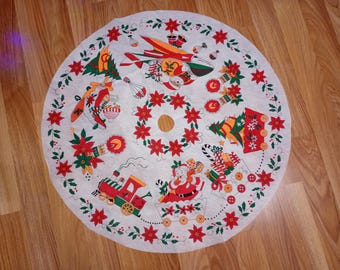 Vintage Christmas Tree Skirt - Santa Claus Space Shuttle Kitschmas Xmas Present Train - Made in Taiwan