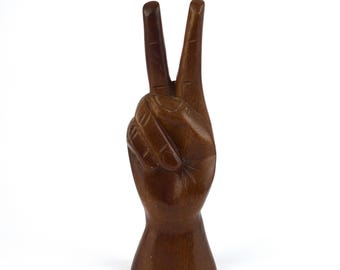 Vintage Wooden Hand Carved Peace Sign Hand Figurine Ornament - Small Size 16 cm 6 1/4"