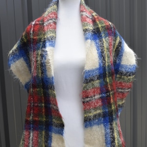 Vintage St Michael Mohair Wool Tartan Scarf - Stewart Green Red White Blue Scottish Plaid Check - Made in Scotland