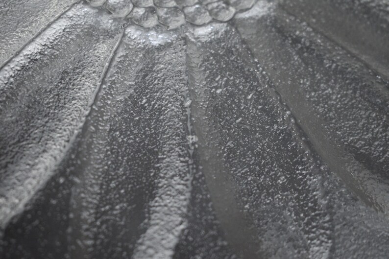 May include: A clear glass plate featuring a raised, textured sunflower petal design. The surface has a pebbled, frosted appearance with smooth, defined lines radiating from a central cluster of small, rounded glass beads at the top.