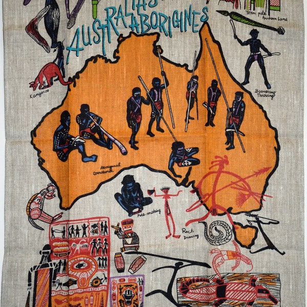 Indigenous Australian Aborigines Tea Towel - Vintage Rock Art Bark Paintings Souvenirs Top End - New!