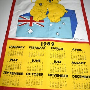 Vintage Little Aussie Koalas 1989 Calendar Tea Towel - Cartoon Illustrations Australia Flag Dish Cloth