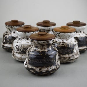 Vintage Ellis Pottery Spice Jars - Set of 6 Retro Fat Lava Glaze Spice Pots with Wooden Lids - Model No 60