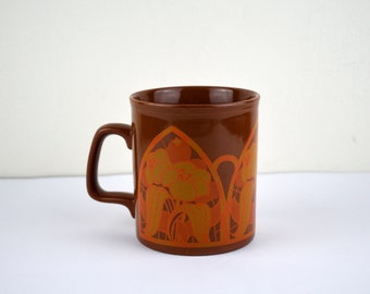 Vintage Kiln Craft Tulip Mug - Retro Staffordshire Orange Flowers in Arch 1977 - Made in England